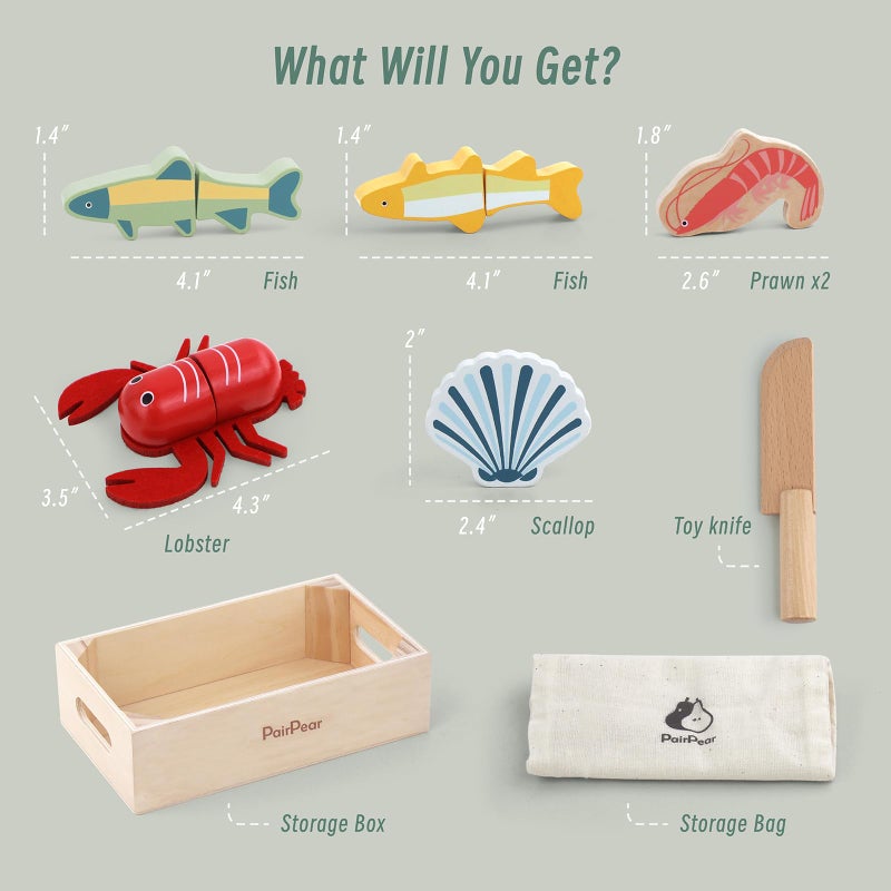 PairPear Wooden Play Food Cutting Seafood Set - Toddlers Wooden Toy Food Pretend Play Kitchen Accessories for 3 Years Old Boys Girls Early Education Toys Gift - Image 3