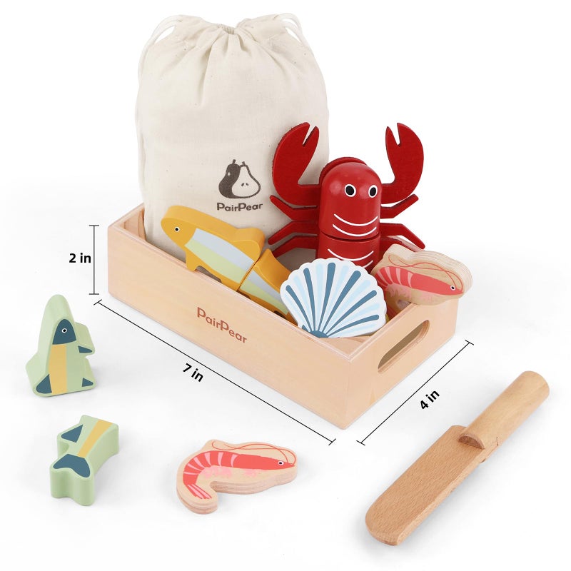 PairPear Wooden Play Food Cutting Seafood Set - Toddlers Wooden Toy Food Pretend Play Kitchen Accessories for 3 Years Old Boys Girls Early Education Toys Gift - Image 4