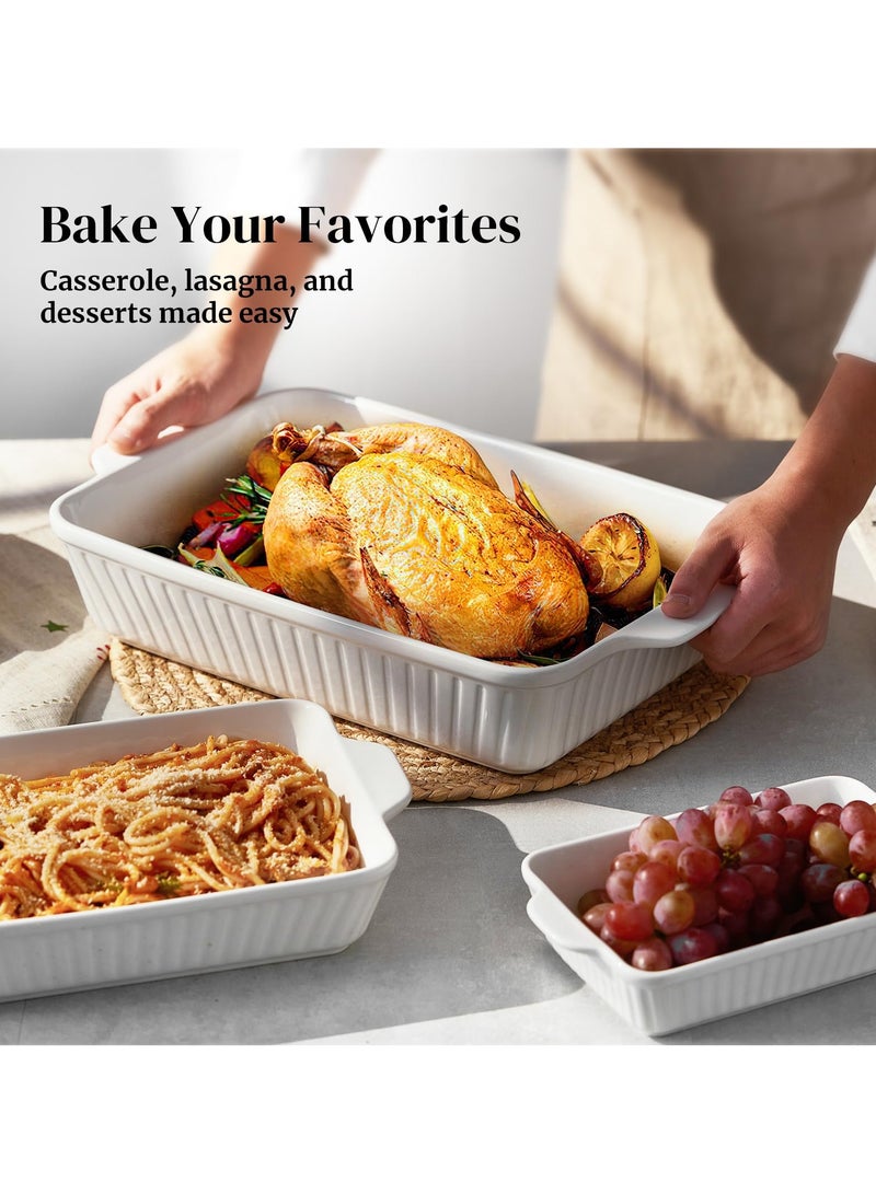 كيلا أطباق خزفية للفرن، طقم أطباق خبز، طقم أدوات خبز سيراميك من 3 قطع، صينية لازانيا عميقة، طقم صينية خبز مستطيلة بمقابض للخبز، طاجن، مطبخ، هدية زفاف، أبيض (15.6 بوصة/12.2 بوصة/8.9 بوصة) - Image 3