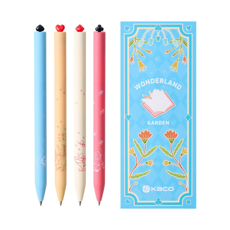 Kaco FIRST Gel Pens Cute Stationery Black Ink 4 Pieces Wonderland Garden Series, 0.5 mm Fine Point, Aesthetic Cute Pens for Journaling - Image 1