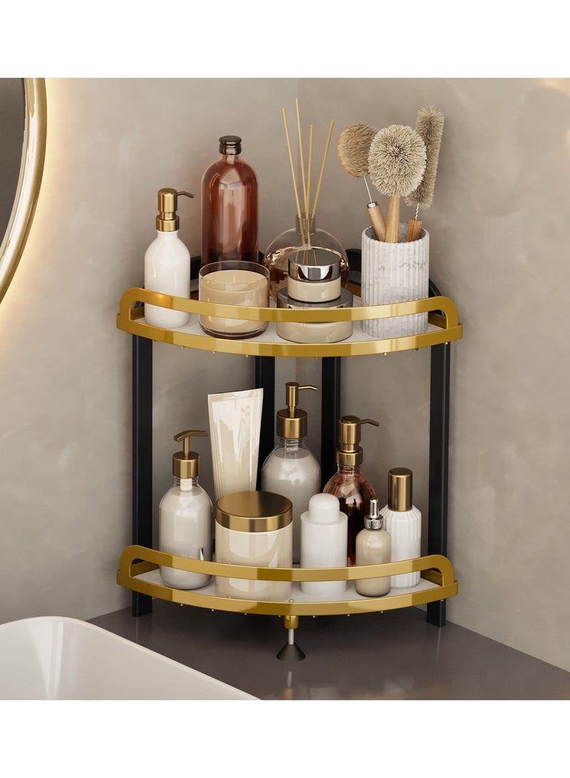 Bluelans أرفف تخزين مستحضرات التجميل وأدوات الزينة على سطح الحمام على شكل مثلث باللون الأسود والذهبي - Image 2