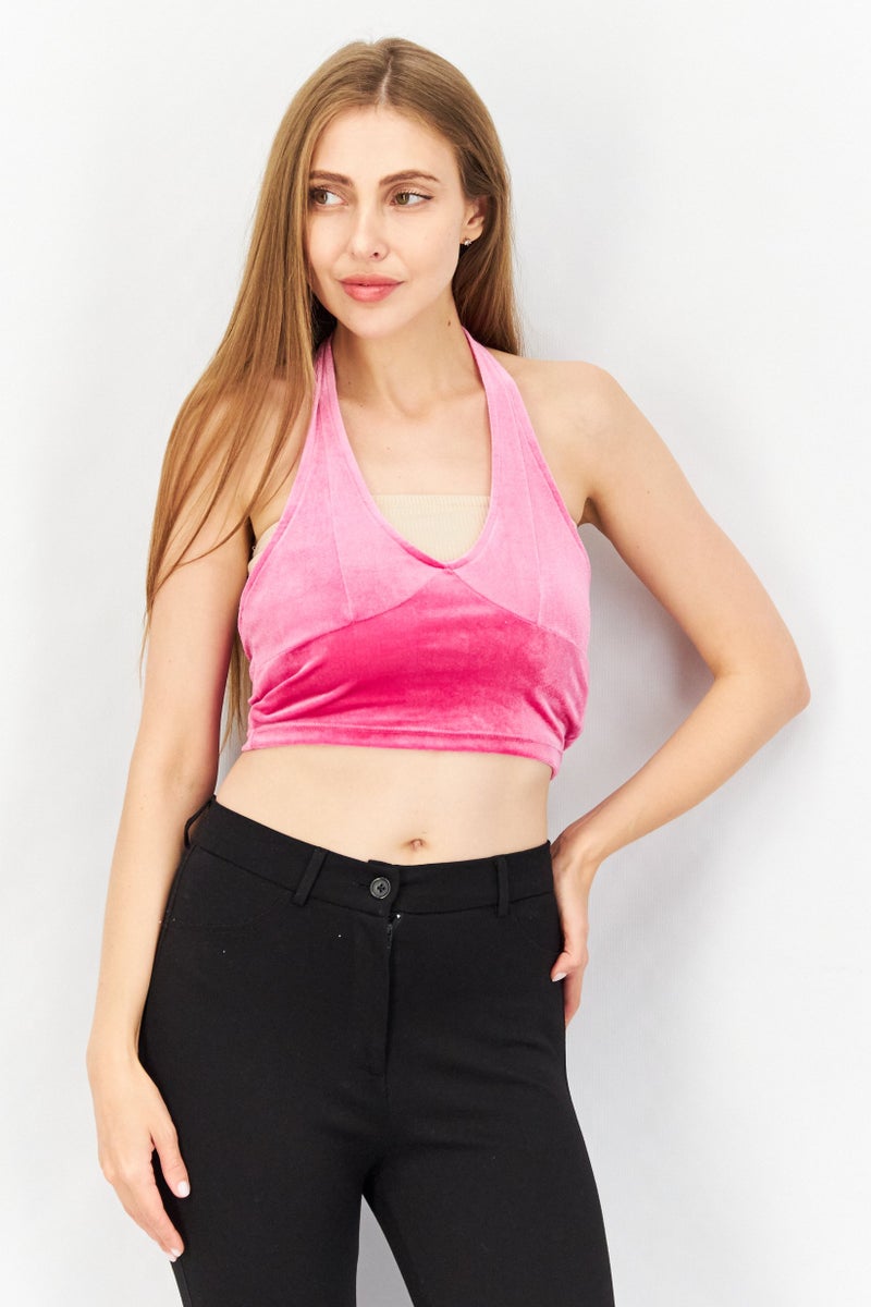 Sinsay Women Halter Neck Sleeveless Textured Crop Top, Pink - Image 1