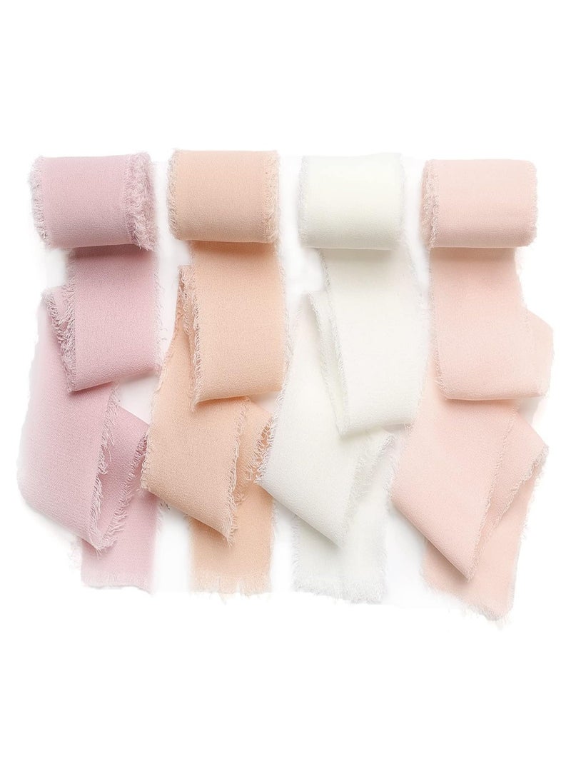 DELGREEN 4 Rolls Handmade Fringe Chiffon Silk Ribbon  Terracotta & Cream Ribbons Set for Wedding Invitations Bridal Bouquets Gift Wrapping Holiday Decor Burnt Orange Fall(4cm*5m) - Image 1