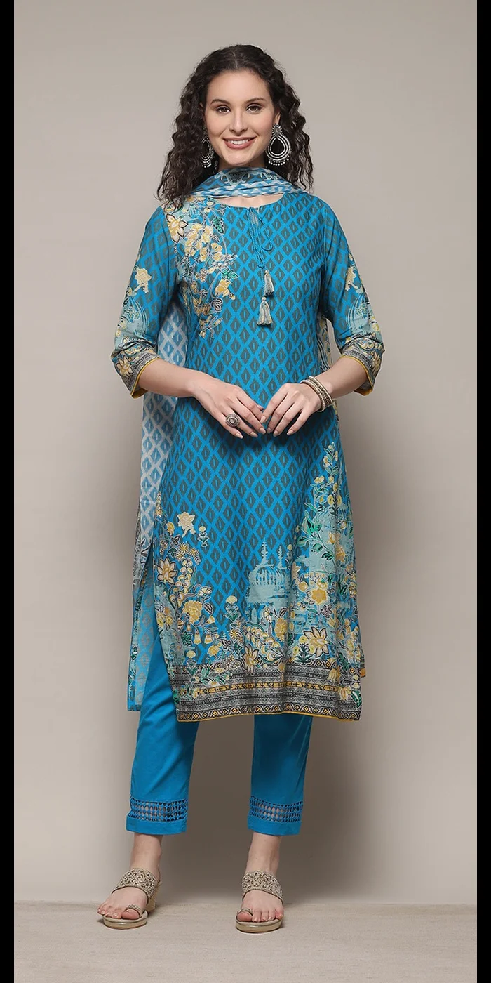Biba Turquoise Cotton Straight Printed Kurta Ankle Length Suit Set