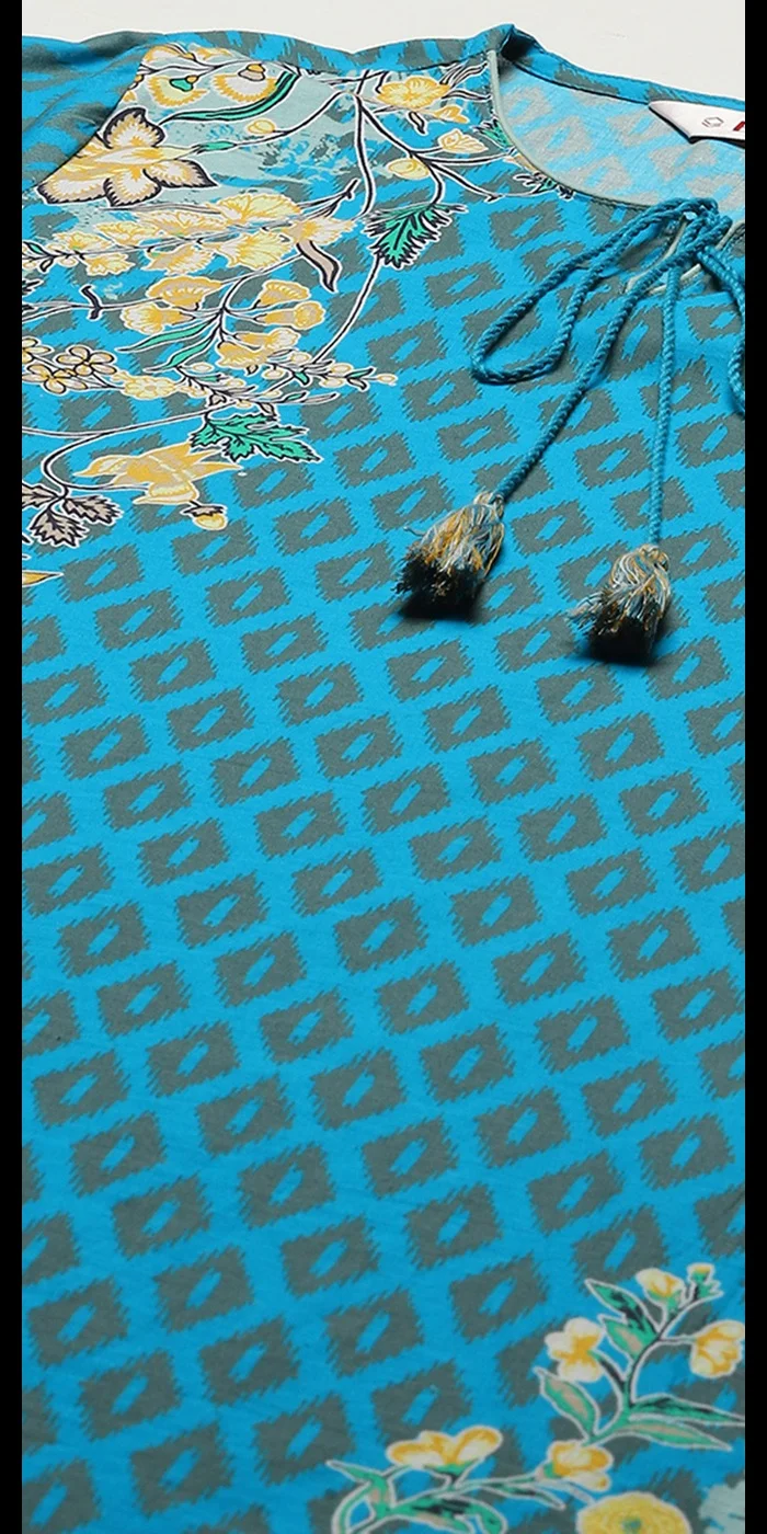 Biba Turquoise Cotton Straight Printed Kurta Ankle Length Suit Set