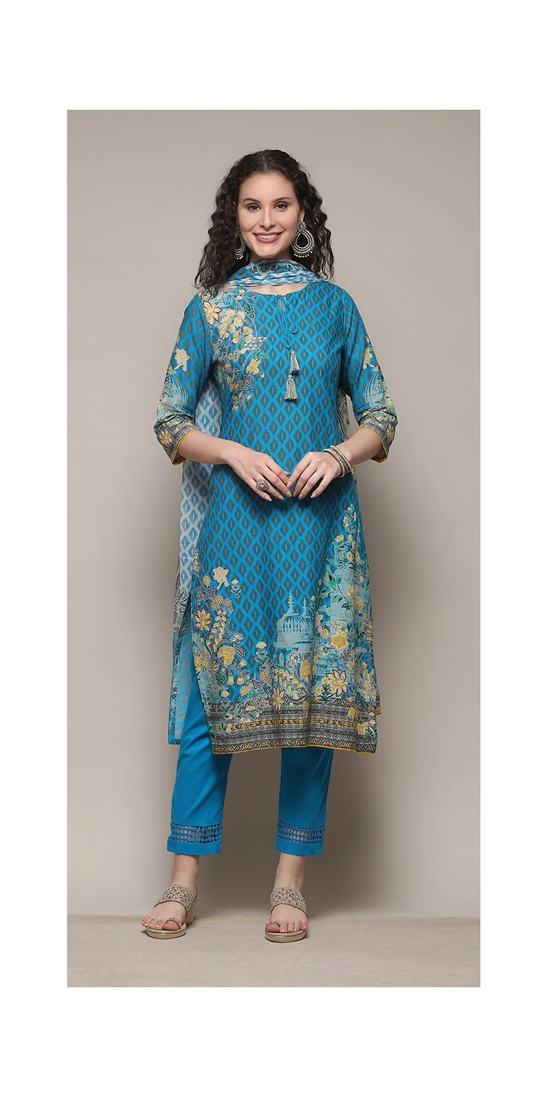 Biba Turquoise Cotton Straight Printed Kurta Ankle Length Suit Set