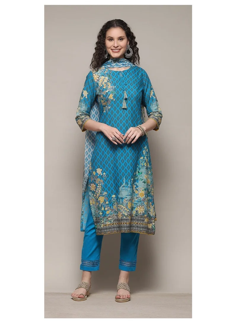 بيبا طقم بدلة كرتا بطول الكاحل مطبوعة بالقطن الفيروزي