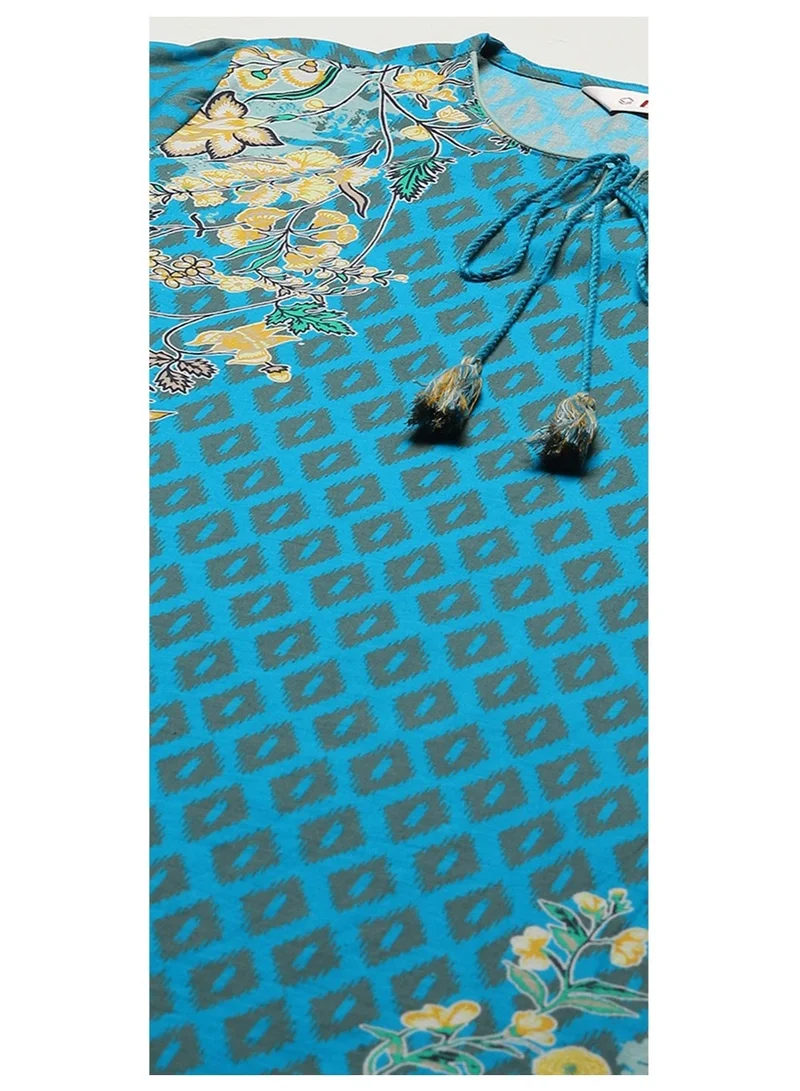 بيبا طقم بدلة كرتا بطول الكاحل مطبوعة بالقطن الفيروزي