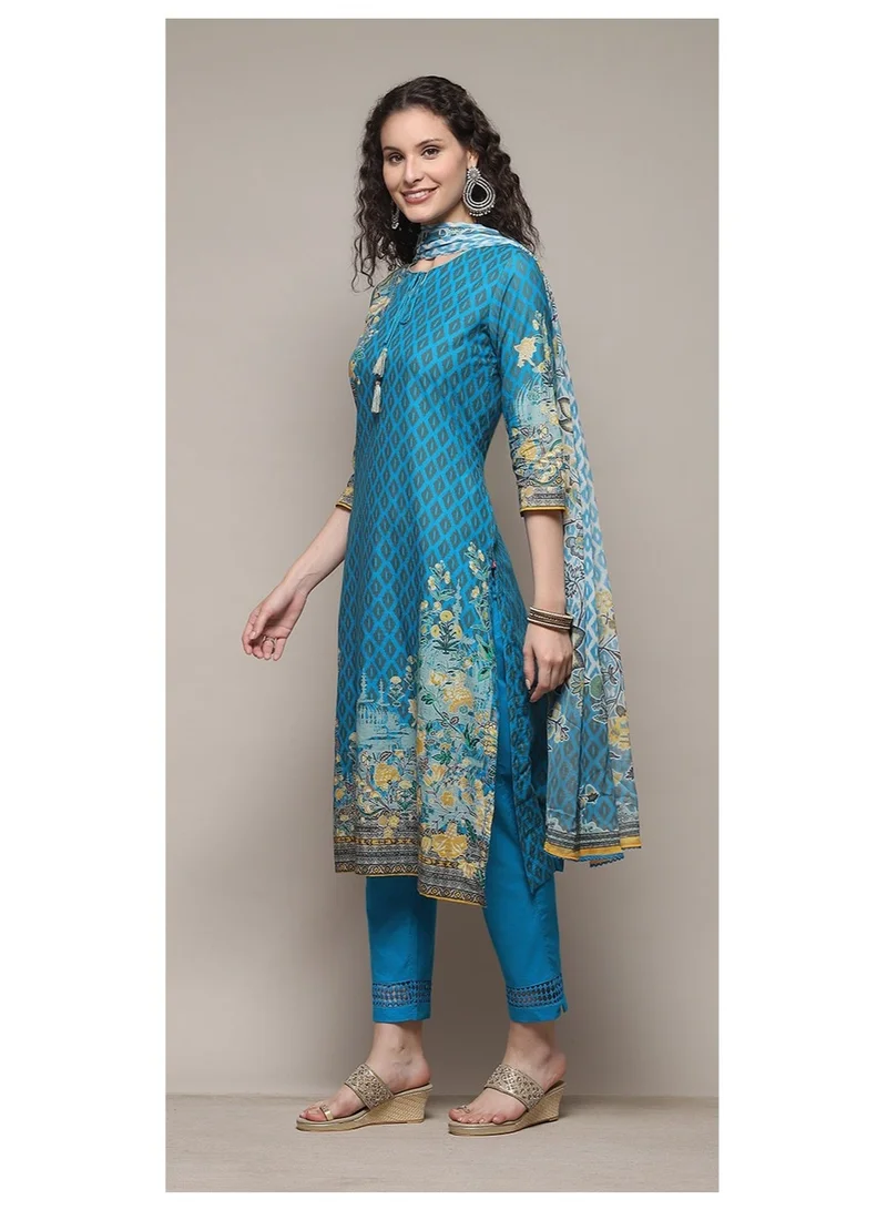 Biba Truquoise Turquoise Cotton Straight Printed Kurta Ankle Length Suit Set for Women | Best Price UAE