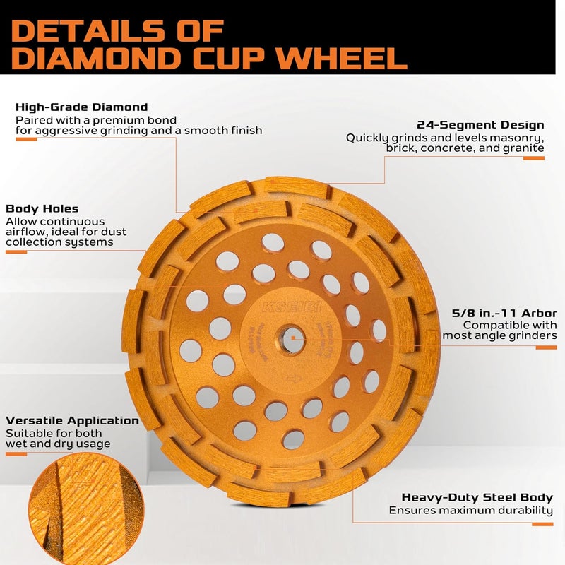 KSEIBI 644118 Diamond Concrete Grinding Wheel 7" x 5/8"-11 for Polishing and Cleaning Stone Concrete Surface, Cement, Marble, Rock, Granite, and Thinset Removing, Angle Grinder Wheels Cup - Image 3