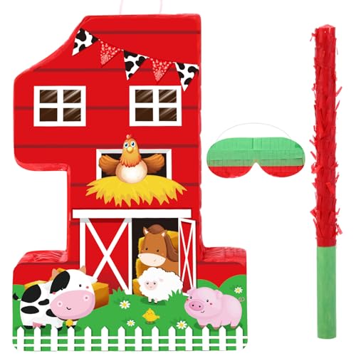 Hungdao Farm Birthday Pinata Number Pinata with Blindfold Bat and Confetti Animal Pinata for Boys Girls Birthday Party Decorations Barnyard Baby Shower Carnival Game Suppliesfarm Number 1 - Image 1