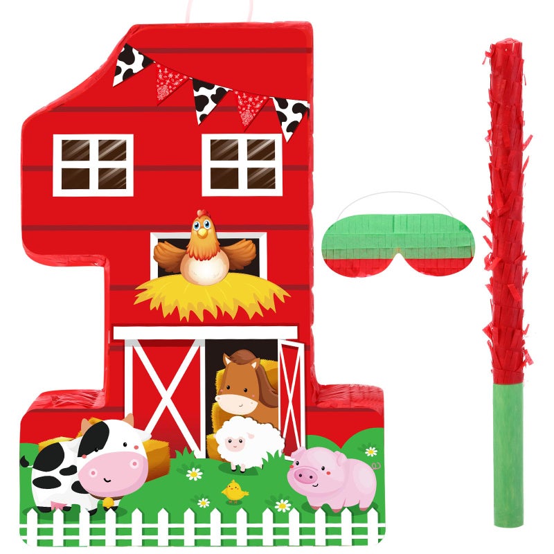 Hungdao Farm Birthday Pinata Number Pinata with Blindfold Bat and Confetti Animal Pinata for Boys Girls Birthday Party Decorations Barnyard Baby Shower Carnival Game Suppliesfarm Number 1 - Image 3