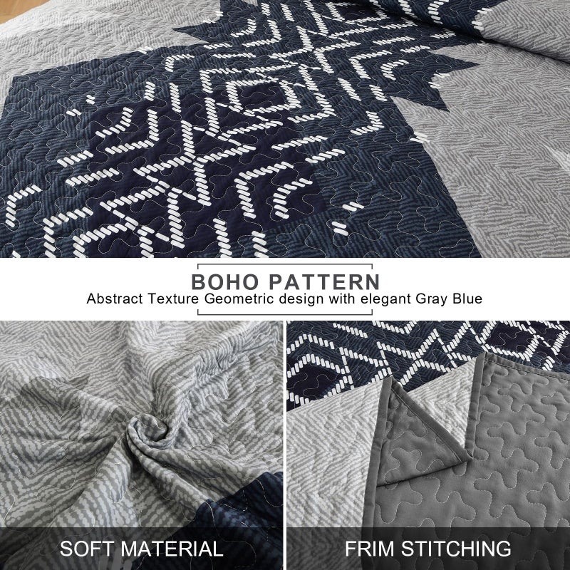 Dintszyayue Queen Size Quilt Set,3 Pieces Boho Bedspread Aztec Texture Quikted Coverlet Set Navy Blue Bedding Sets Geometric Pattern Microfiber Bed Cover for All Season(Navy,90"x96") - Image 4