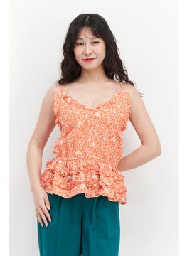 INC Women Ruffle Collar Floral Print Sleeveless Top, Dark Orange  - Image 1