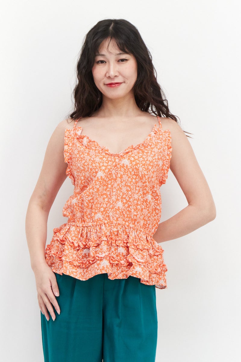 INC Women Ruffle Collar Floral Print Sleeveless Top, Dark Orange - Image 1