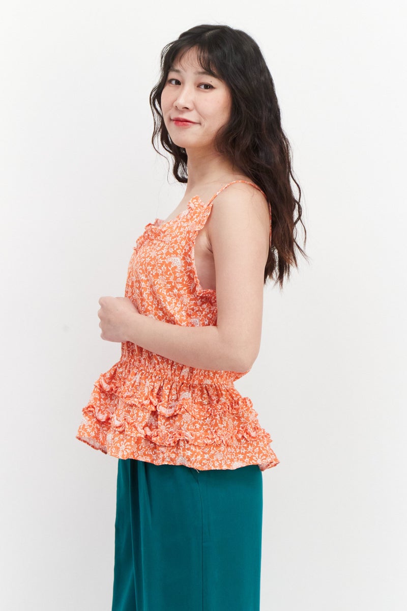 INC Women Ruffle Collar Floral Print Sleeveless Top, Dark Orange - Image 2