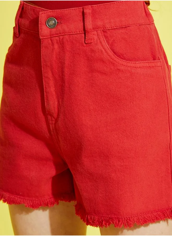 NOH.VOH Frayed Hem Denim Shorts with Pockets by Styli