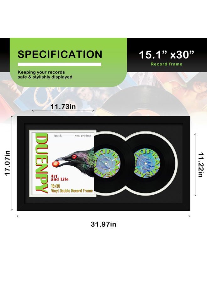 DUENPY Vinyl Record Display Frame 15.1x30 Inches Display Record Album and 12.5x12.5 Album Cover Art Wall Mount Black White Mat - Image 3