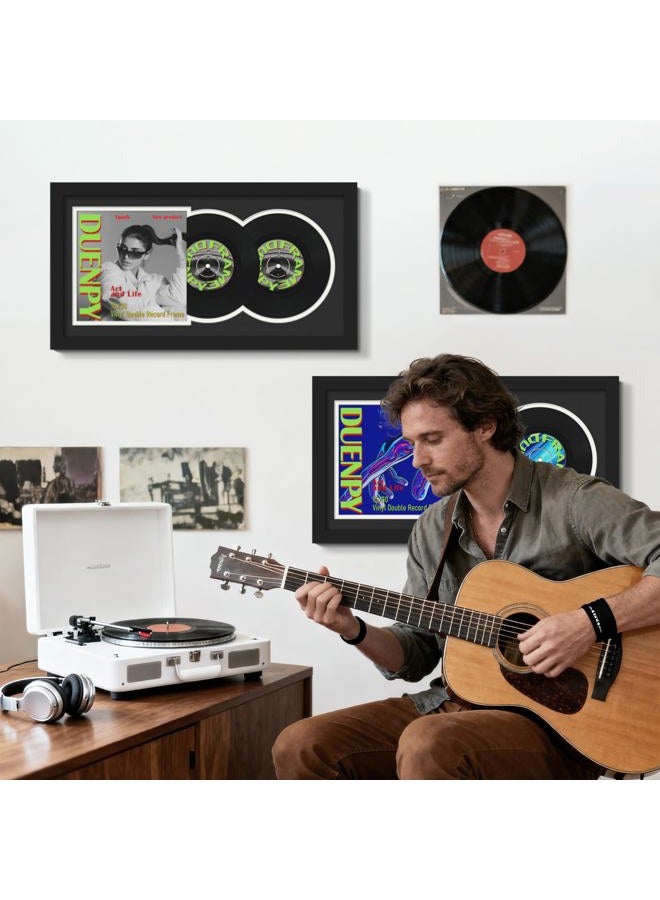 DUENPY Vinyl Record Display Frame 15.1x30 Inches Display Record Album and 12.5x12.5 Album Cover Art Wall Mount Black White Mat - Image 2