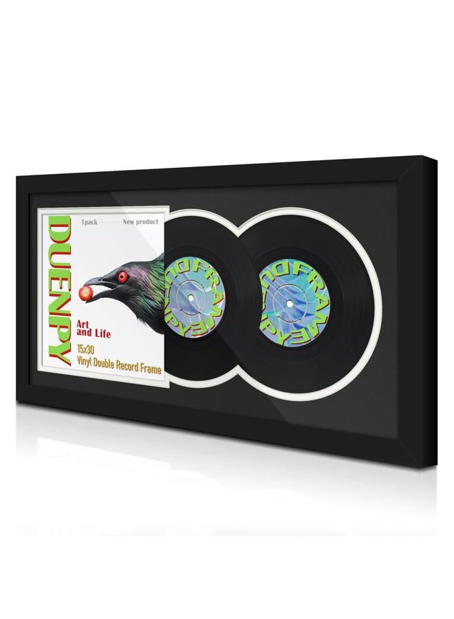 DUENPY Vinyl Record Display Frame 15.1x30 Inches Display Record Album and 12.5x12.5 Album Cover Art Wall Mount Black White Mat - Image 1