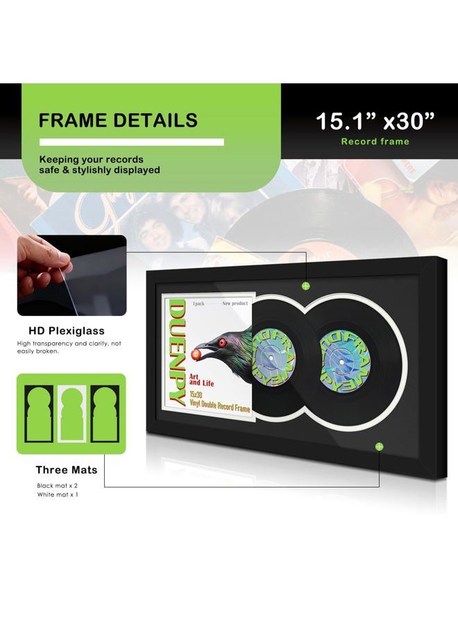 DUENPY Vinyl Record Display Frame 15.1x30 Inches Display Record Album and 12.5x12.5 Album Cover Art Wall Mount Black White Mat - Image 4