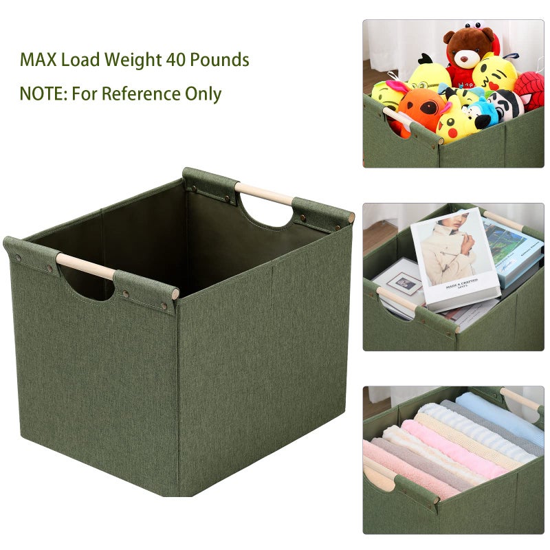 HOONEX Large Collapsible Storage Bins, Linen Fabric, Pack of 2, Storage Baskets with Wooden Carry Handles and Sturdy Heavy Cardboard, for Home, Office, Car, Nursery, Olive - Image 2