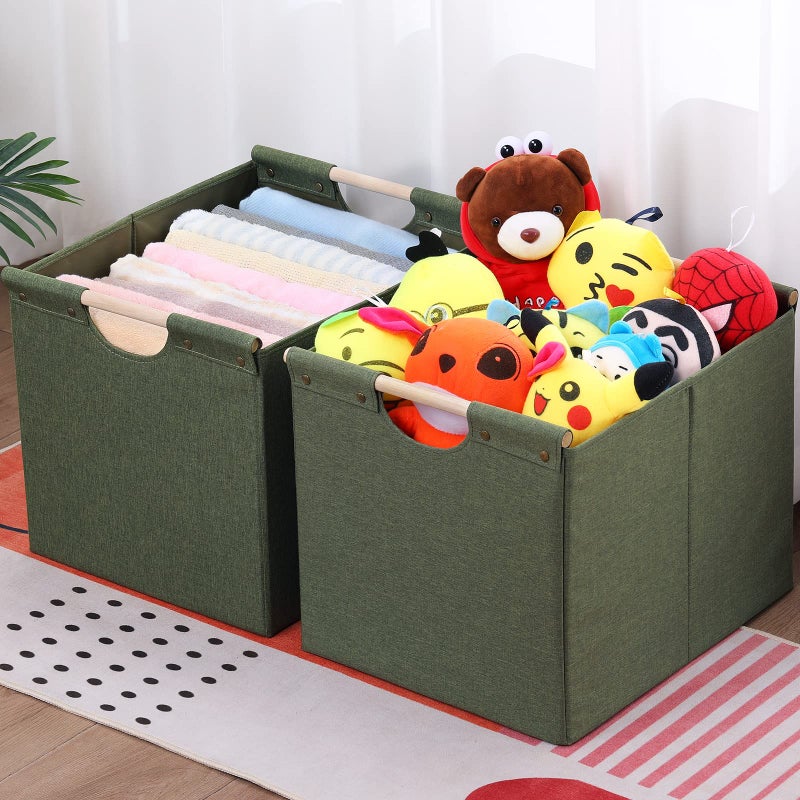 HOONEX Large Collapsible Storage Bins, Linen Fabric, Pack of 2, Storage Baskets with Wooden Carry Handles and Sturdy Heavy Cardboard, for Home, Office, Car, Nursery, Olive - Image 3