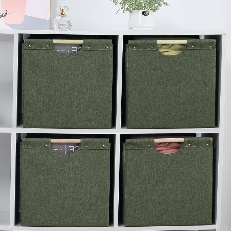 HOONEX Large Collapsible Storage Bins, Linen Fabric, Pack of 2, Storage Baskets with Wooden Carry Handles and Sturdy Heavy Cardboard, for Home, Office, Car, Nursery, Olive - Image 4