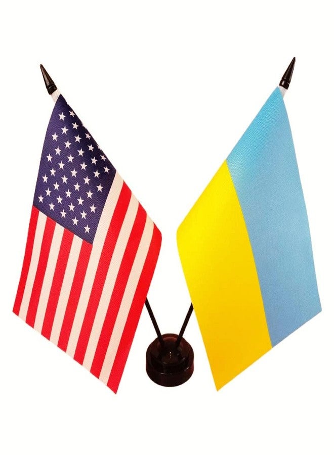 Zigvert US American & Ukraine Friendship Table Flag, American Ukraine Desk Flag,US, Ukrainian Twin Desk Flag Set, Ukrainian Flags For Room Display-Miniature USA & Ukraine Combination Flag - Image 1