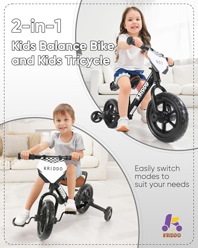 KRIDDO 2in1 Kids Tricycle and Toddler Balance Bike 2 Year Old Detachable Pedals and Stowable Training Wheels DIY Plate Riding Trikes Toy for Ages 18 Months to 3 Years Black - Image 5