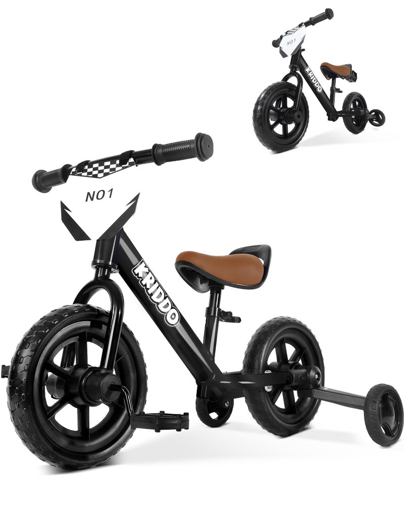 KRIDDO 2in1 Kids Tricycle and Toddler Balance Bike 2 Year Old Detachable Pedals and Stowable Training Wheels DIY Plate Riding Trikes Toy for Ages 18 Months to 3 Years Black - Image 2