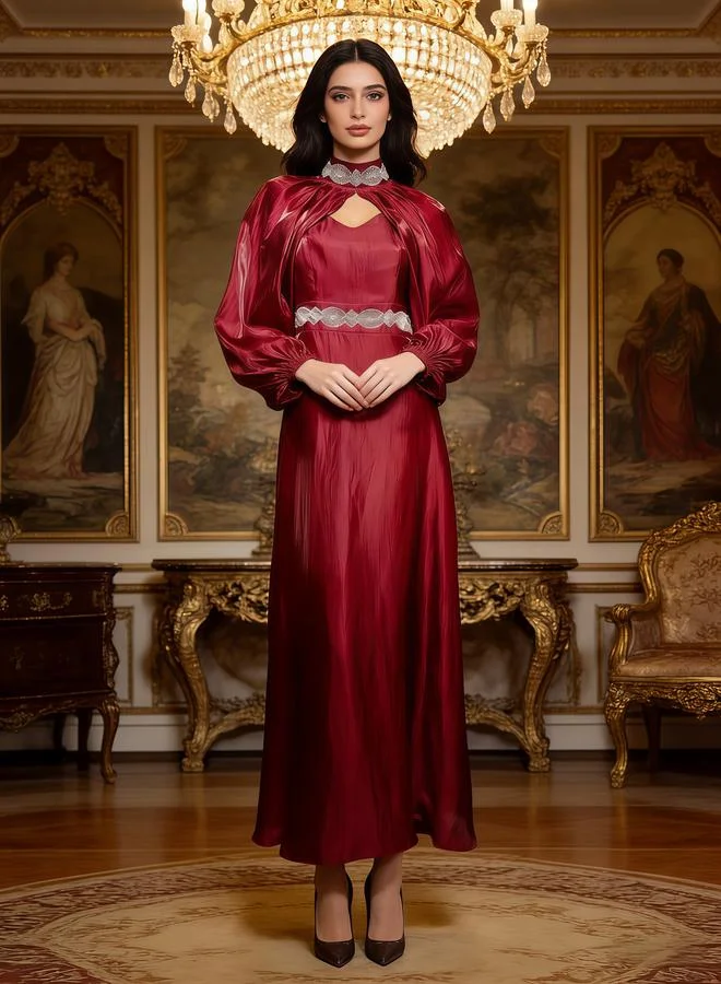 Take Two Women Burgundy Embellished Cape Sleeve Maxi Dress