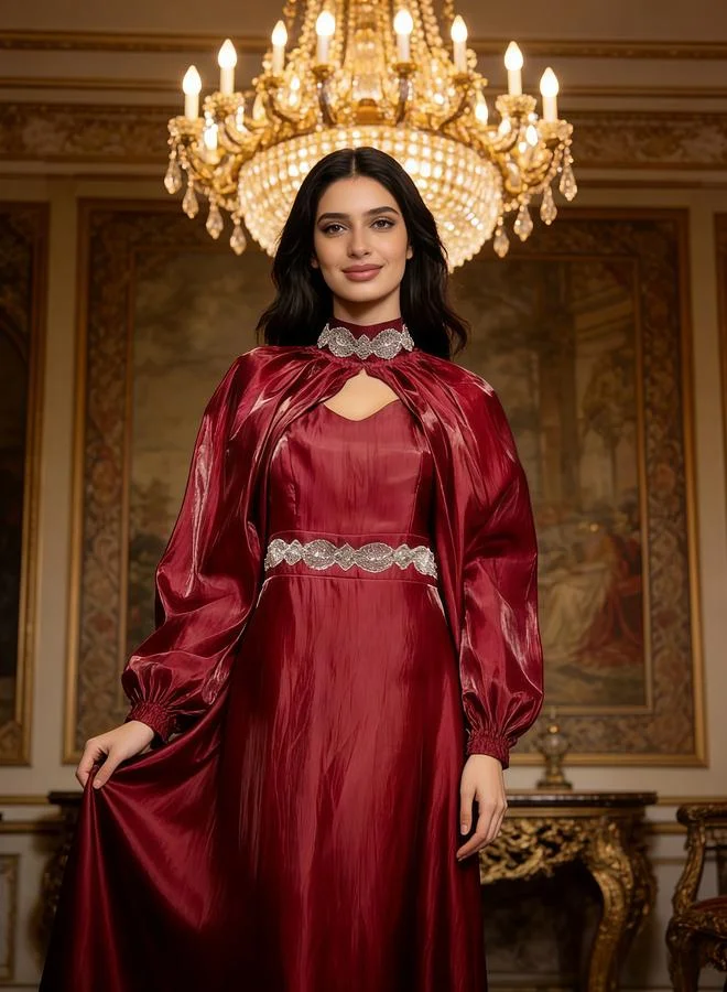 Take Two Women Burgundy Embellished Cape Sleeve Maxi Dress