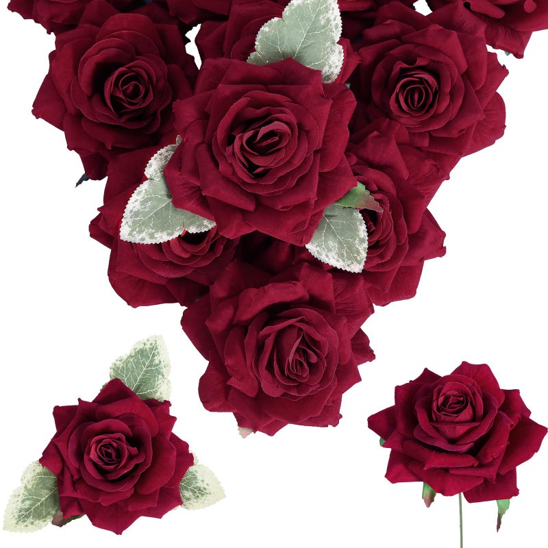 INSUNSIX Artificial Velvet Flowers 43 Red Roses 16pcs Fake Roses Heads for Wedding Bridal Bouquets Flower Wall Arrangements Artificial Centerpiece