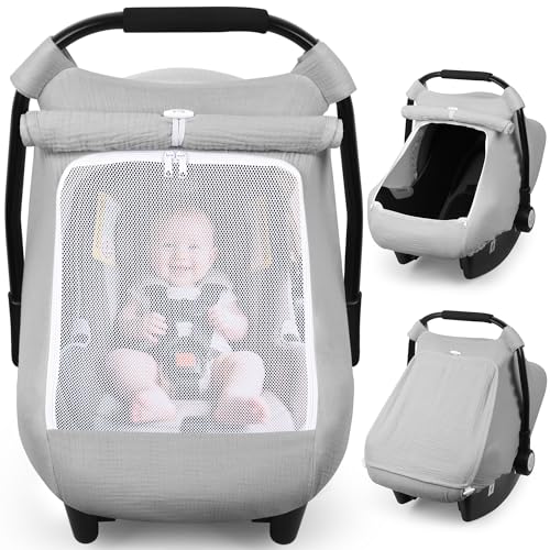 Rquite Car Seat Cover Baby, Carseat Covers Girl Boy, Breathable Muslin Cotton, Large Mesh Window, Infant Car Seat Canopy Baby Carrier Cover Stroller Sun Shade for Summer & Hot Day, Grey - Image 1