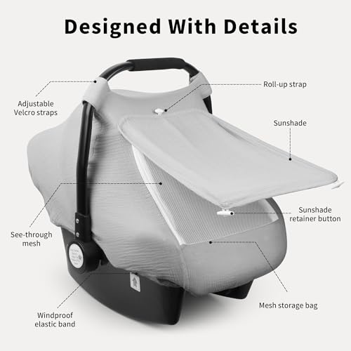 Rquite Car Seat Cover Baby, Carseat Covers Girl Boy, Breathable Muslin Cotton, Large Mesh Window, Infant Car Seat Canopy Baby Carrier Cover Stroller Sun Shade for Summer & Hot Day, Grey - Image 3