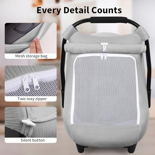 Rquite Car Seat Cover Baby, Carseat Covers Girl Boy, Breathable Muslin Cotton, Large Mesh Window, Infant Car Seat Canopy Baby Carrier Cover Stroller Sun Shade for Summer & Hot Day, Grey - Image 4