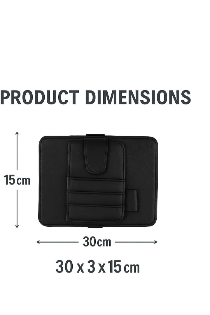 منظم واقي الشمس من الجلد للسيارة - مساحة تخزين واقي الشمس من الجلد الصناعي مع فتحات للبطاقات، وجيب شبكي، ومشبك مغناطيسي للنظارات الشمسية، وحامل أقلام - مناسب لجميع أنواع السيارات وسيارات الدفع الرباعي (أسود، صغير) - Image 2