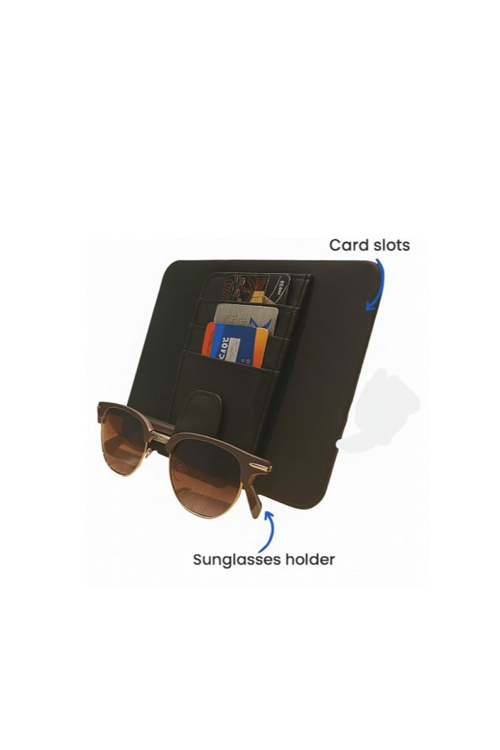 منظم واقي الشمس من الجلد للسيارة - مساحة تخزين واقي الشمس من الجلد الصناعي مع فتحات للبطاقات، وجيب شبكي، ومشبك مغناطيسي للنظارات الشمسية، وحامل أقلام - مناسب لجميع أنواع السيارات وسيارات الدفع الرباعي (أسود، صغير) - Image 4