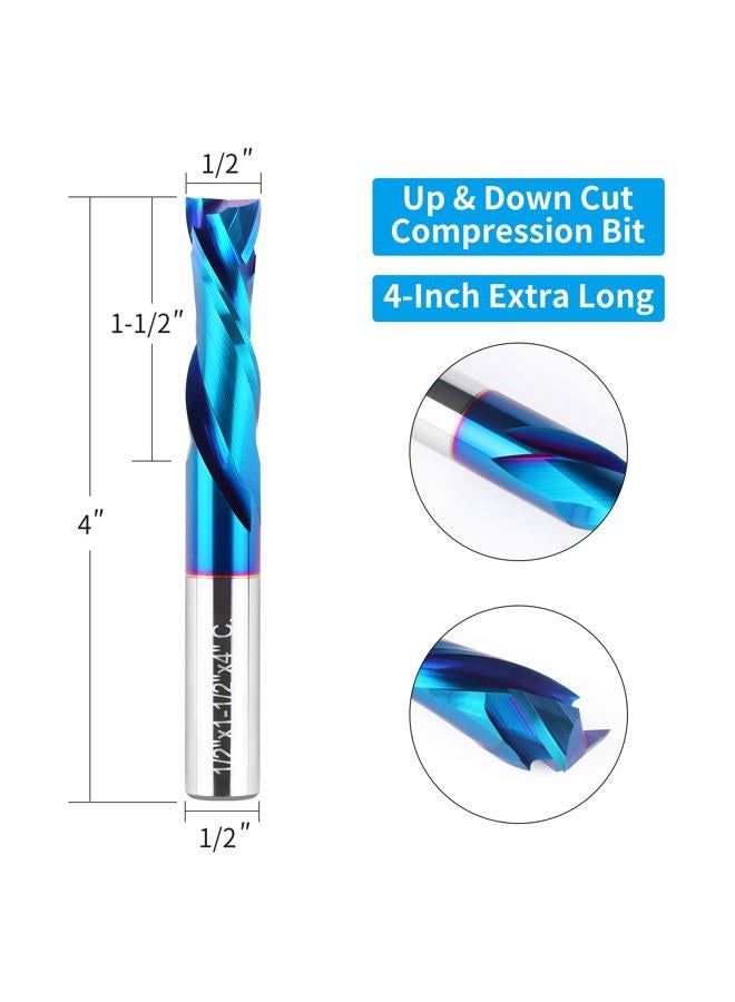 EANOSIC Spiral Router Bits Up Down Compression Bit 1/2 inch Cutting Diameter with Nano Blue Coated, 1/2 inch Shank Solid Carbide CNC End Mill for Wood Carving Engraver Milling Cutters (Extra Long 4”) - Image 2