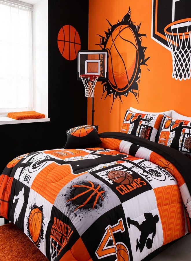 A Nice Night Sports Geometric Grid Baseketabll Patchwork Baskeball Printed for Boys Twin 6Pcs Bed in A Bag Comforter Bedding Set, Orange - Image 3