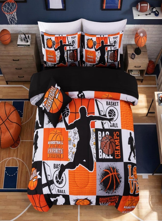 A Nice Night Sports Geometric Grid Baseketabll Patchwork Baskeball Printed for Boys Twin 6Pcs Bed in A Bag Comforter Bedding Set, Orange - Image 1