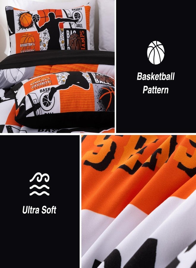 A Nice Night Sports Geometric Grid Baseketabll Patchwork Baskeball Printed for Boys Twin 6Pcs Bed in A Bag Comforter Bedding Set, Orange - Image 5