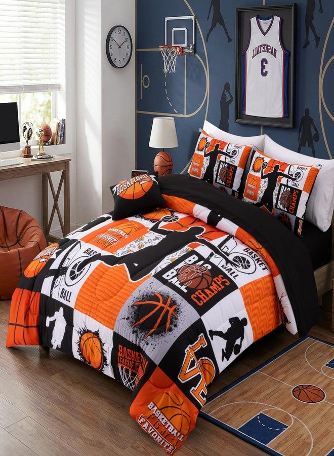 A Nice Night Sports Geometric Grid Baseketabll Patchwork Baskeball Printed for Boys Twin 6Pcs Bed in A Bag Comforter Bedding Set, Orange - Image 2