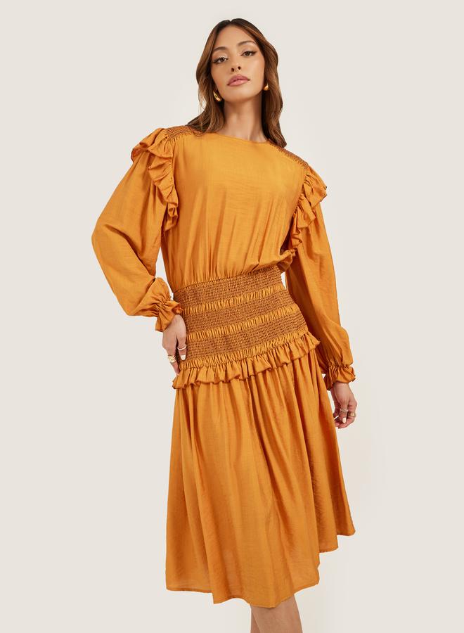 ستايلي فستان ميدي بتفاصيل سموك وأكمام بالون - Image 1