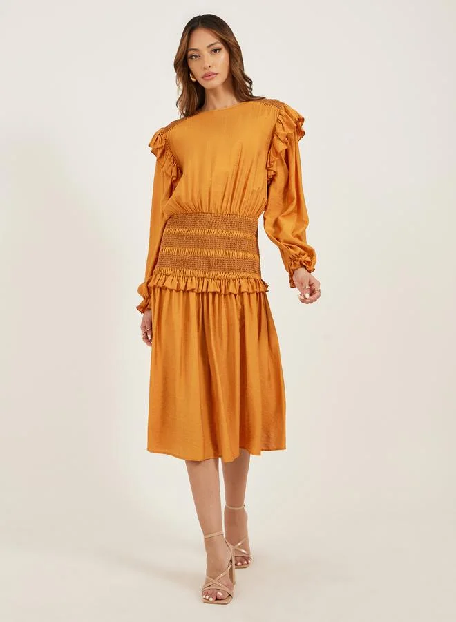 Styli Balloon Sleeves Smocked Detail A-Line Midi Dress