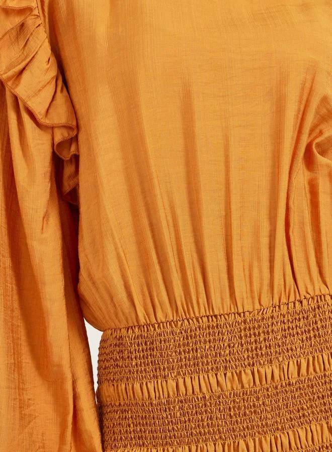 Styli Balloon Sleeves Smocked Detail A-Line Midi Dress
