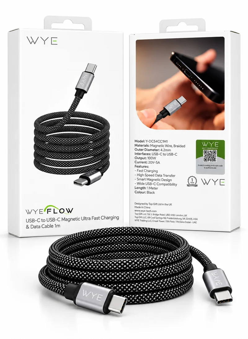 واي كابل شحن سريع WYE FLOW USB C إلى USB C بقوة 100 واط بطول 1 متر، كابل بيانات مضفر مغناطيسي، أسود