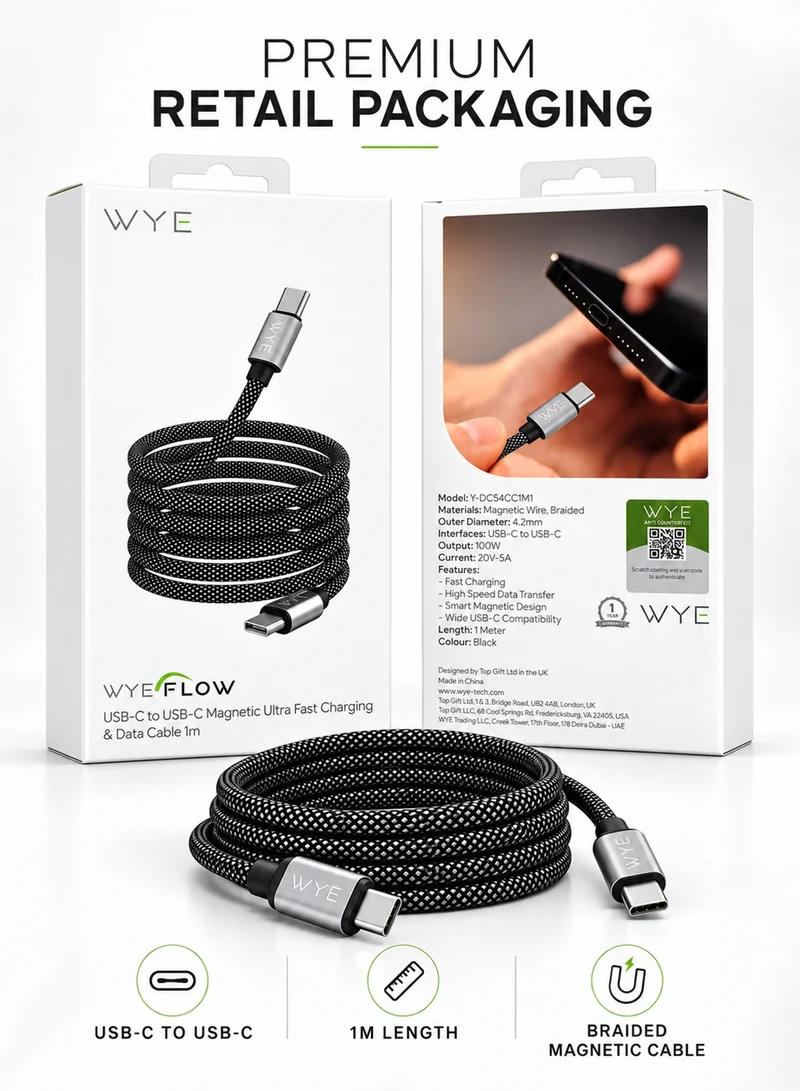 واي كابل شحن سريع WYE FLOW USB C إلى USB C بقوة 100 واط بطول 1 متر، كابل بيانات مضفر مغناطيسي، أسود