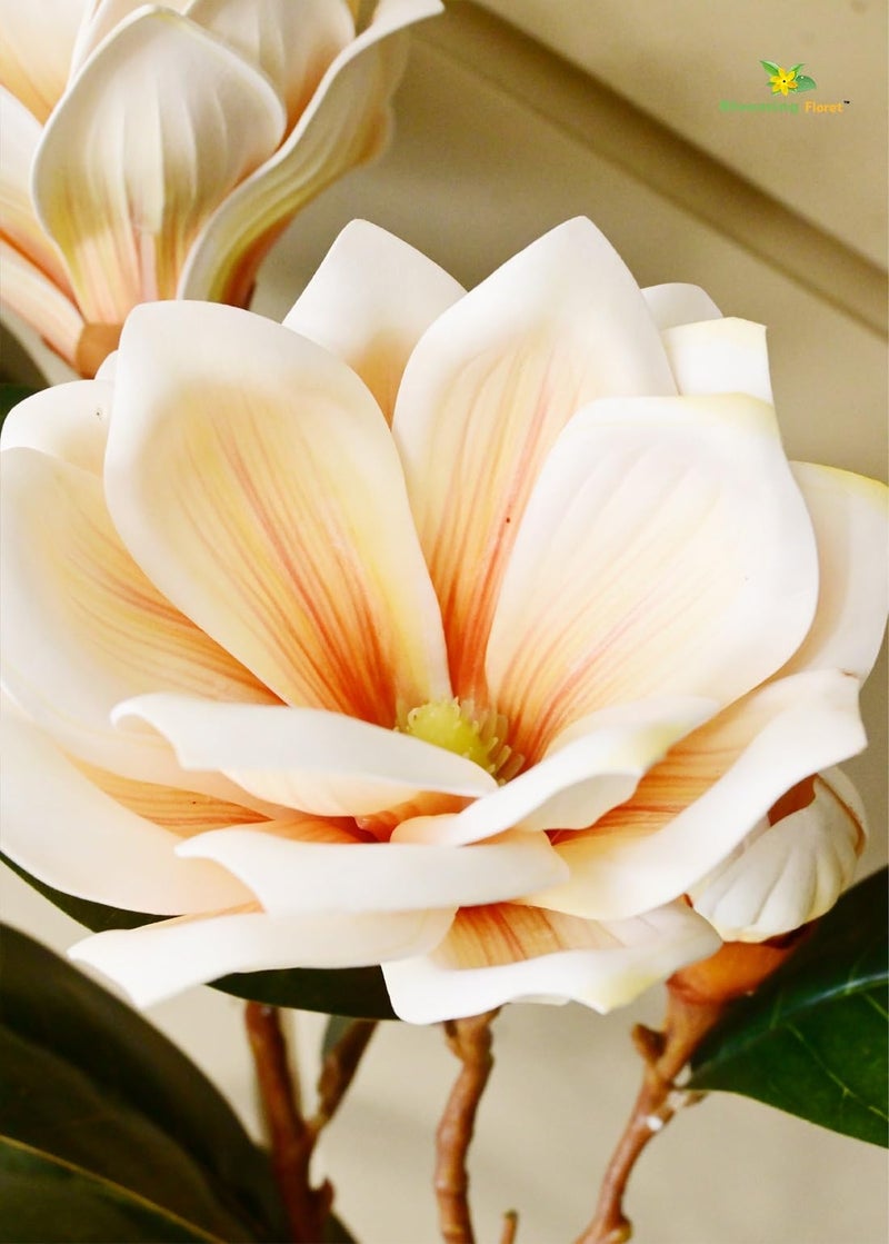 Blooming Floret Realistic Artificial Magnolia Flower Stems – Decorative Faux Flowers with Lifelike Petals and Green Leaves for Home Decor, Wedding Arrangements, and Centerpieces (Cream) - Image 2